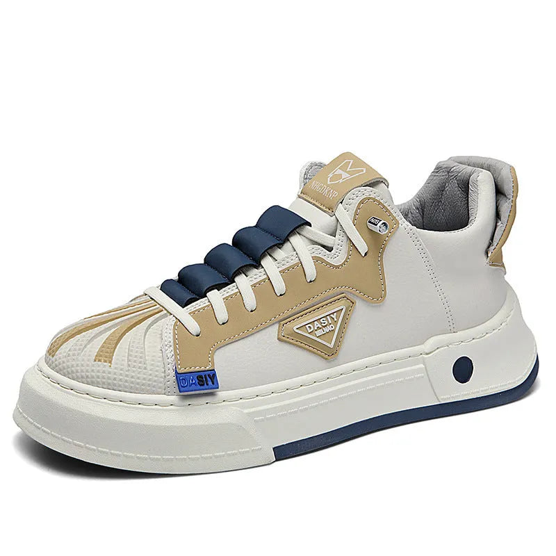 Men's beige low-top sneakers with elastic band closure and leather stitch detail on microfiber upper