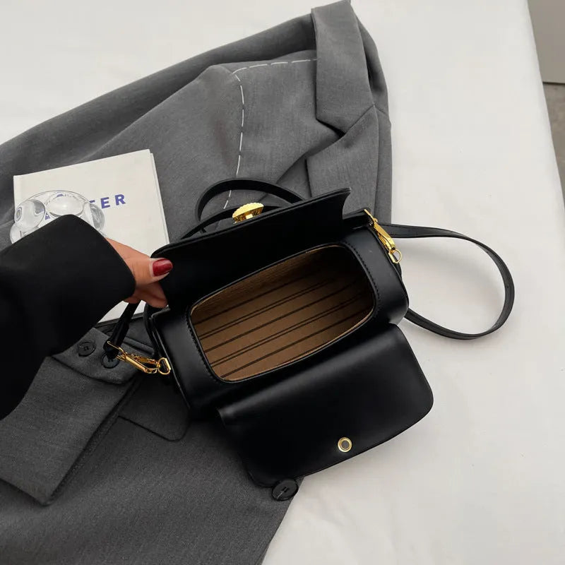 Women's black PU shoulder messenger bag with personalised letter detailing and decorative stitching