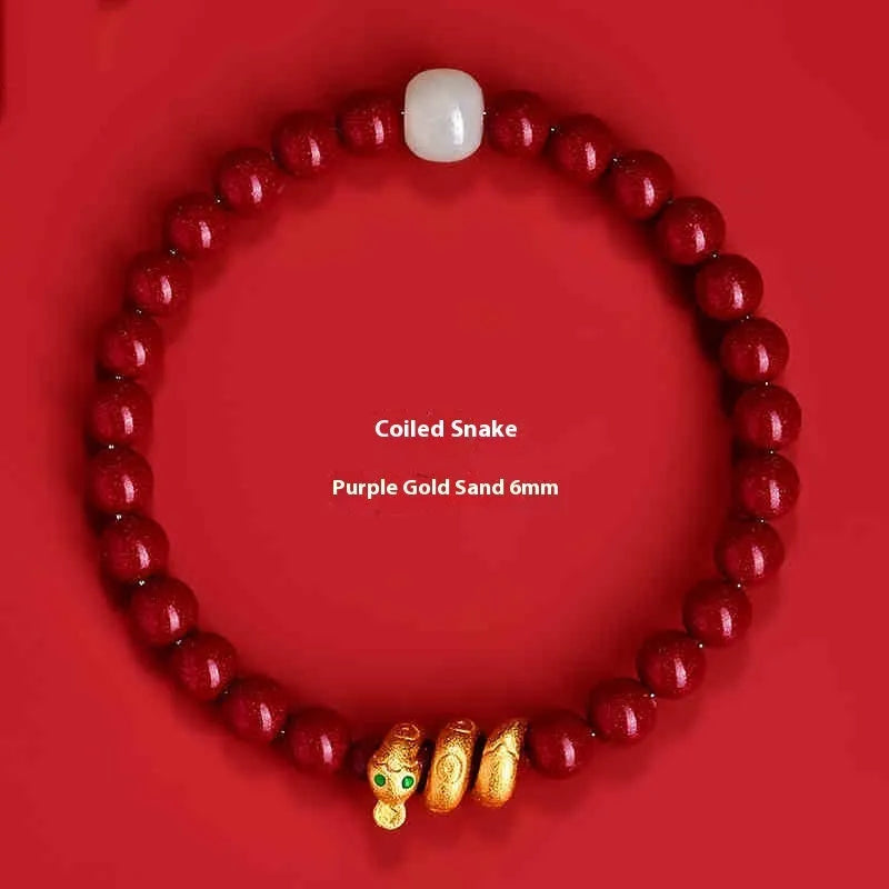 Handmade cinnabar snake zodiac bracelet with Chinese style design in 6mm or 8mm bead size
