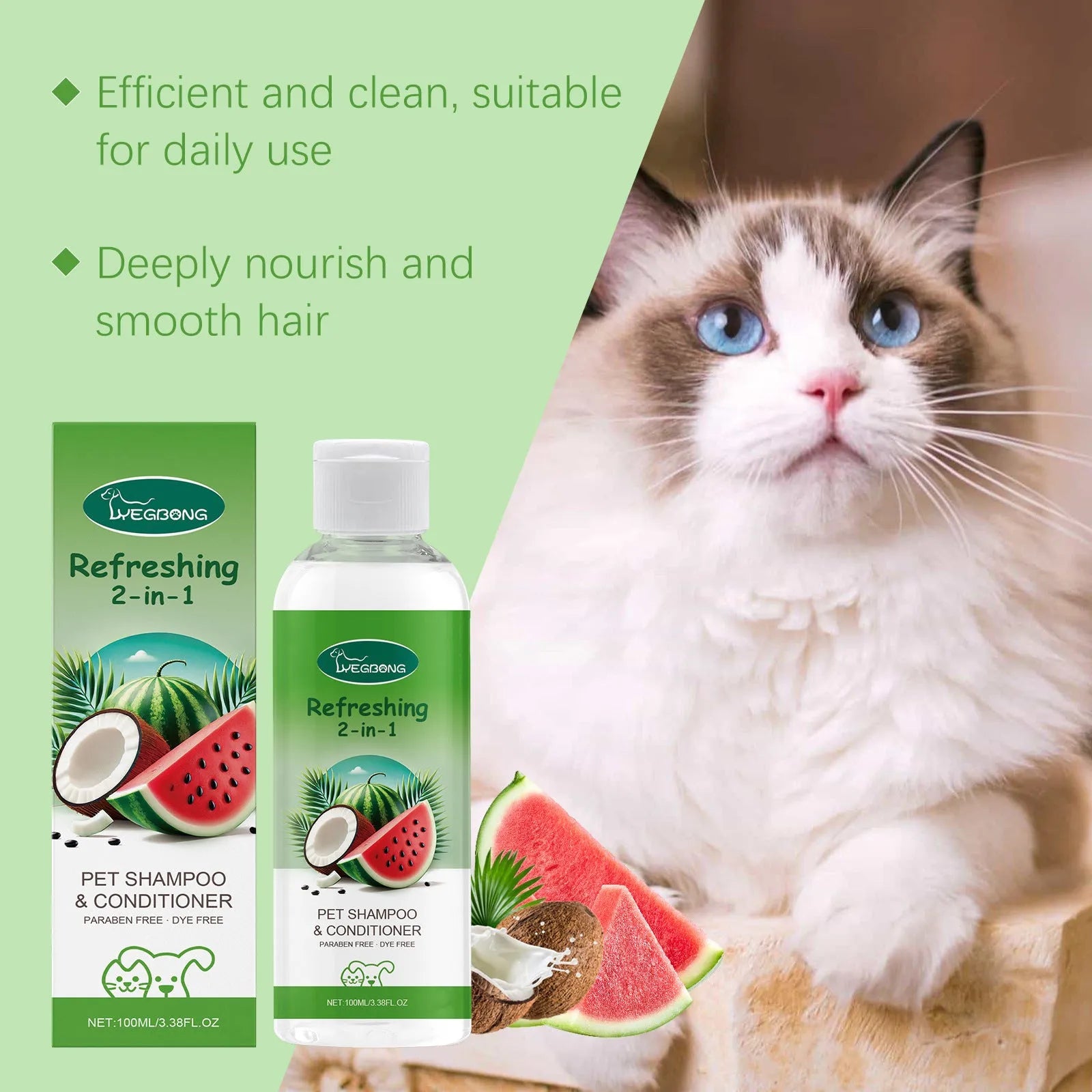100ml pet 2-in-1 shampoo tube with watermelon and coconut extract for dogs and cats grooming