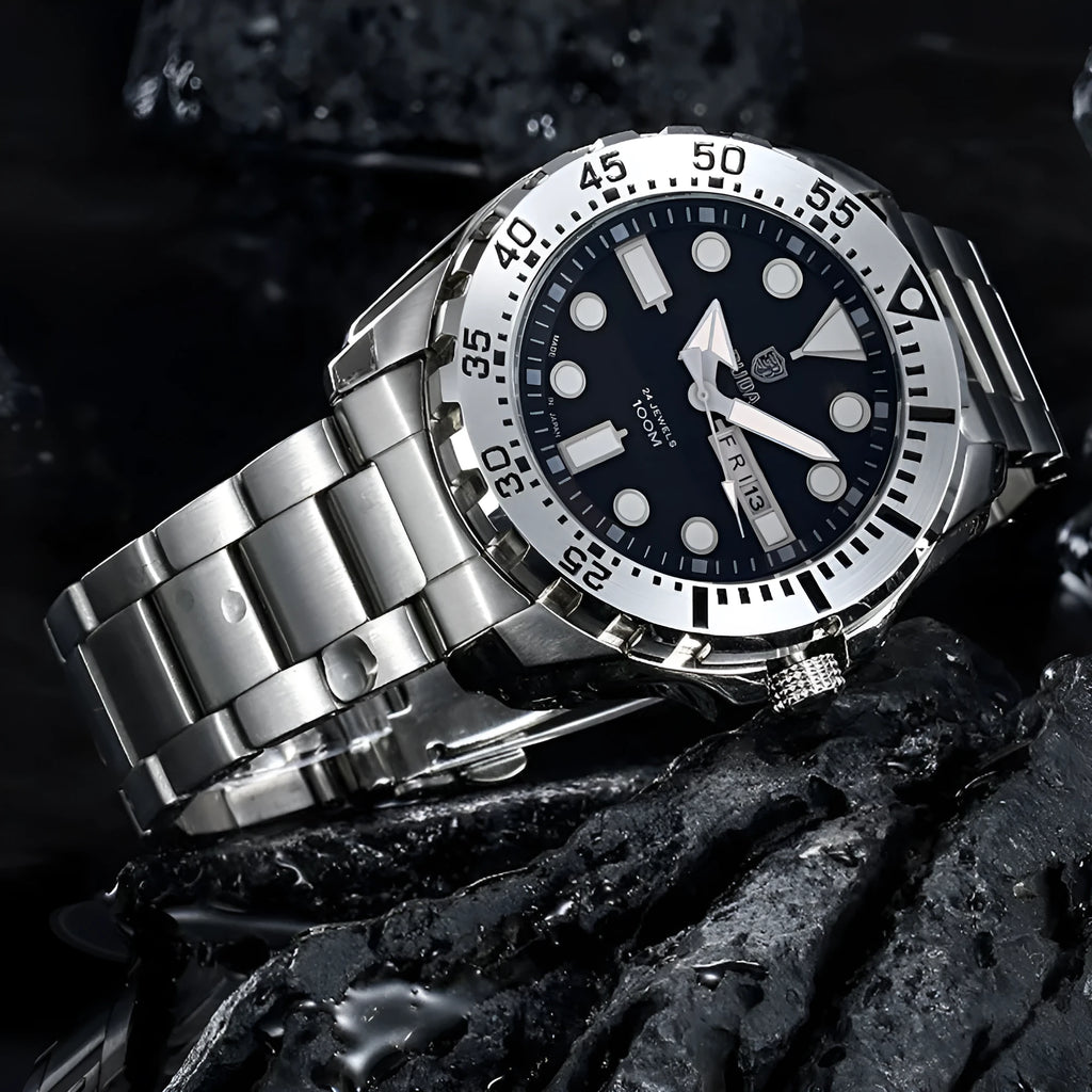 Waterproof luminous quartz business mens watch blue dial steel strip sport style 15mm thickness