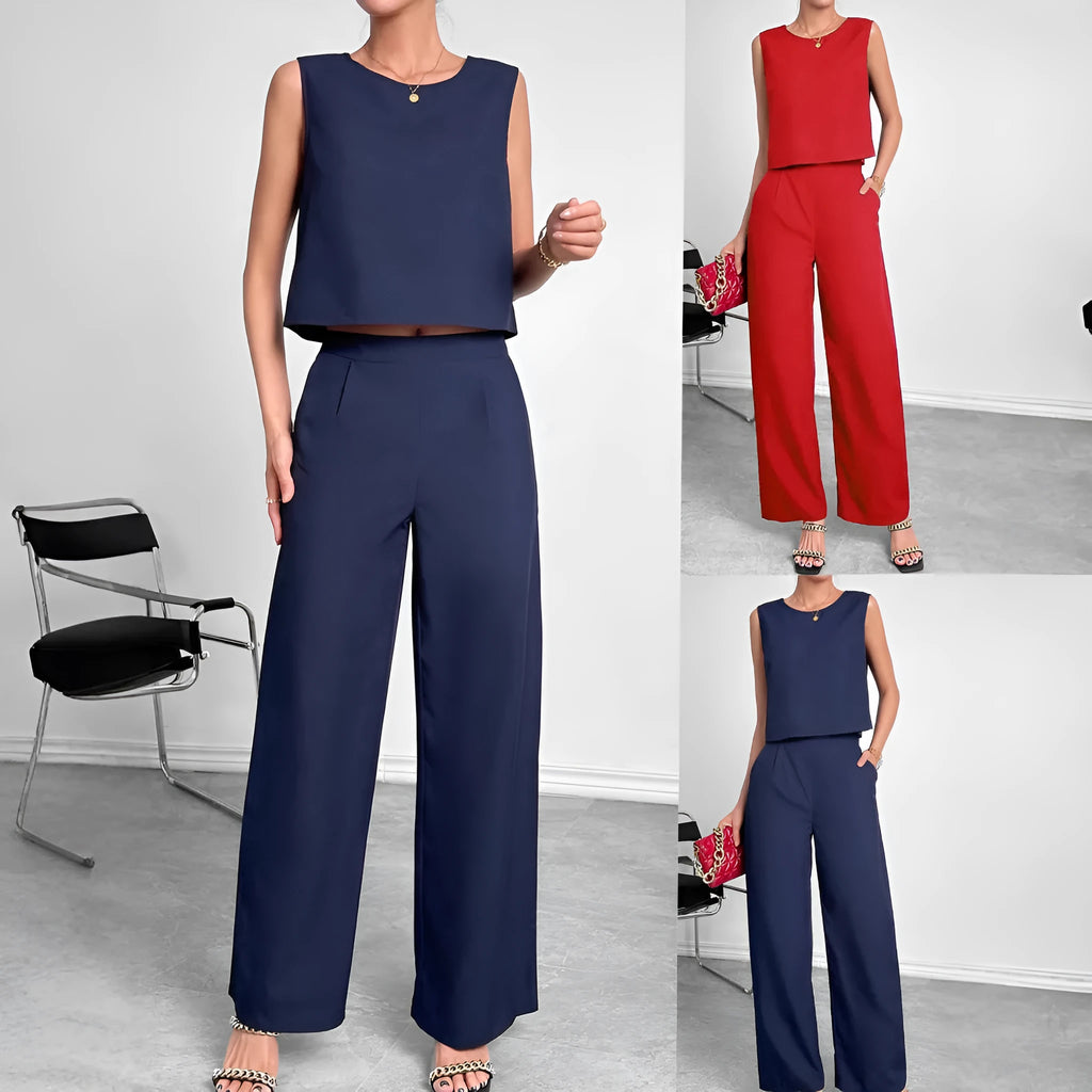 Red polyester wide leg pants and sleeveless top two-piece set with round neckline