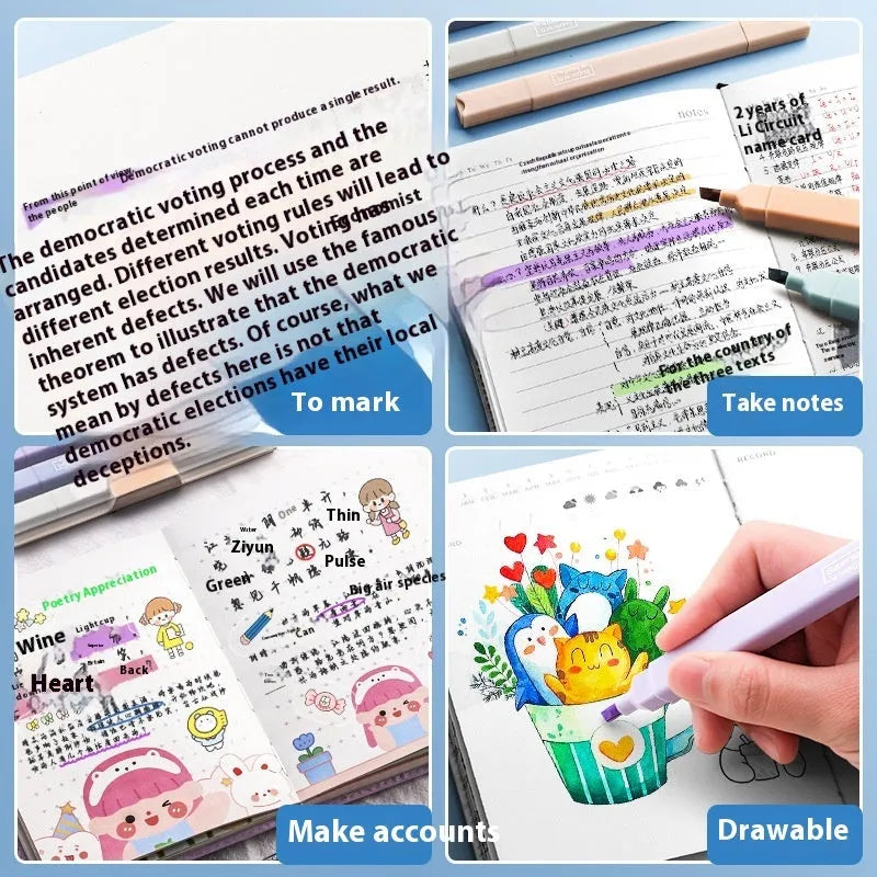 Set of double-headed fluorescent marker pens showing twin tips, available in mixed colours, Salt series, and Sweet series packs.