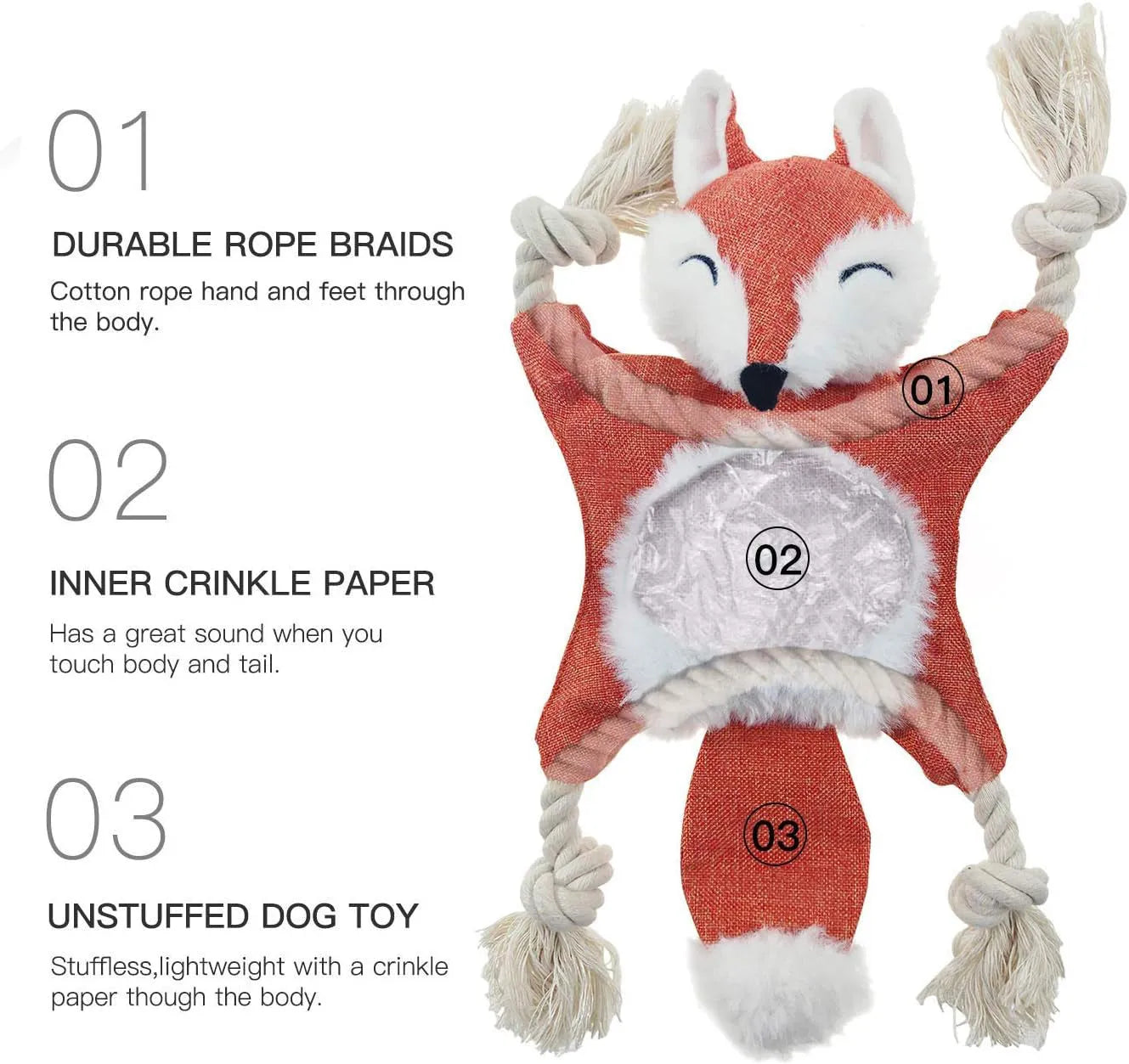 Brown fox-shaped plush dog toy with cotton rope arms and legs and embroidered eyes