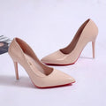 Women's solid colour pointed toe pumps with a stiletto heel and shallow cut, shown in multiple colour options.