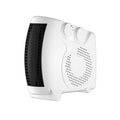 Small white electric heater with compact design for desktop placement showing front ventilation grille.