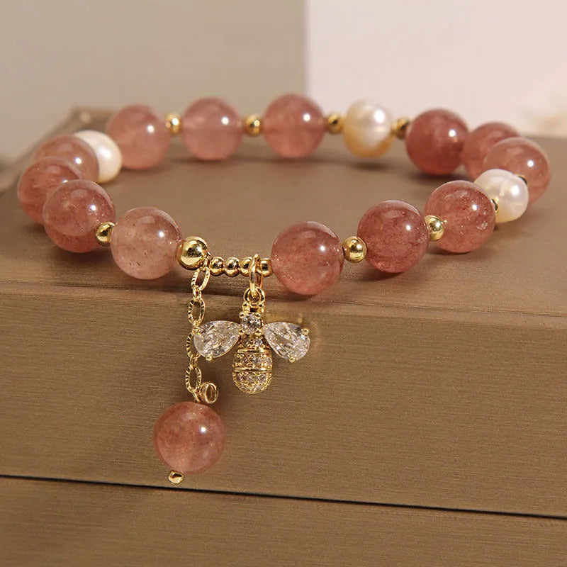 Women's strawberry quartz and freshwater pearl bracelet with bee charm and zircon accents