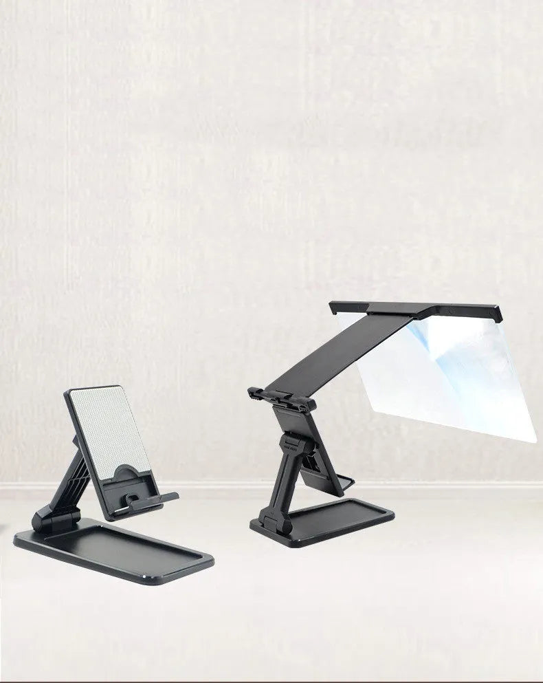 Black folding mobile phone screen amplifier with detachable holder showing 12-inch curved magnifier