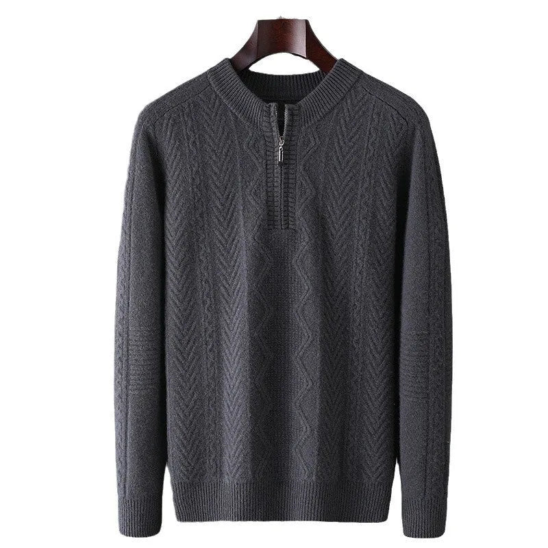 Men's pure wool diamond lattice pattern half-zip sweater in a loose fit.