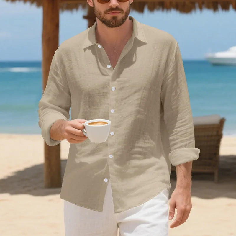 Loose-fitting linen casual shirt in light blue, showing long sleeves and non-ironed texture.