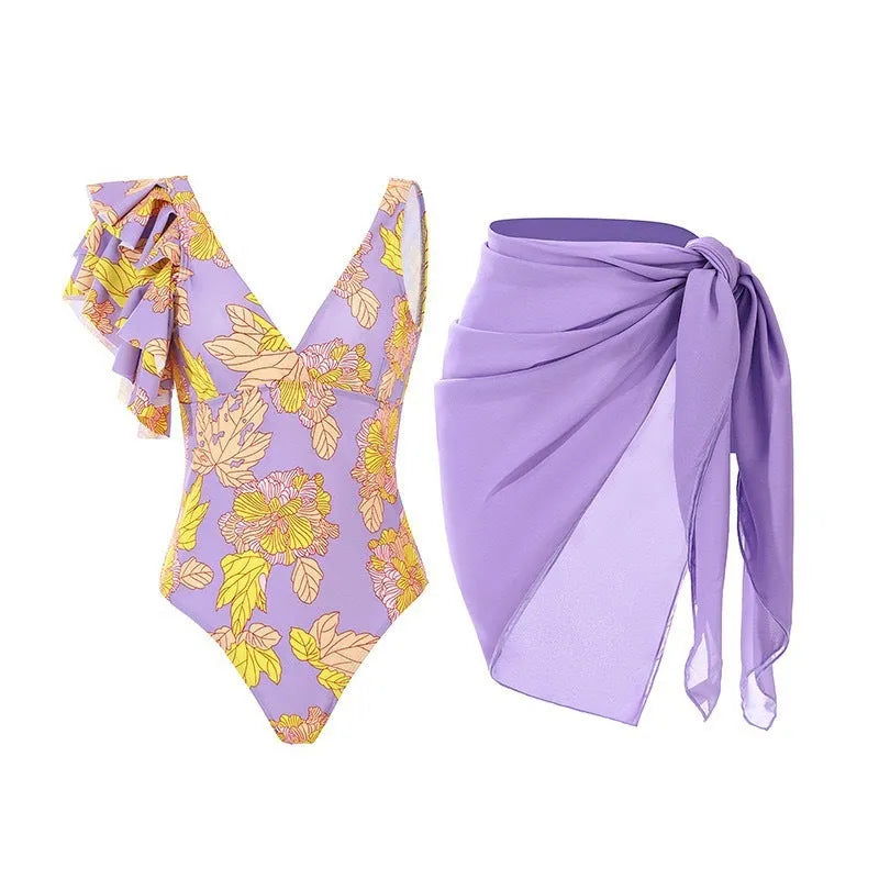 Women's solid colour one-piece swimsuit with spaghetti straps and removable matching skirt