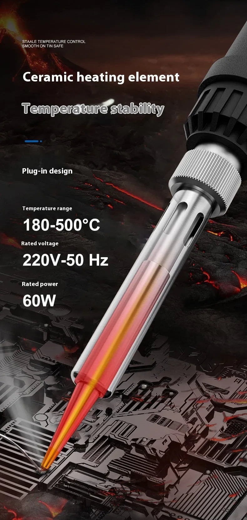 Grey 90W electric soldering iron with ceramic heating core, five tips, sponge, and solder on a workbench.