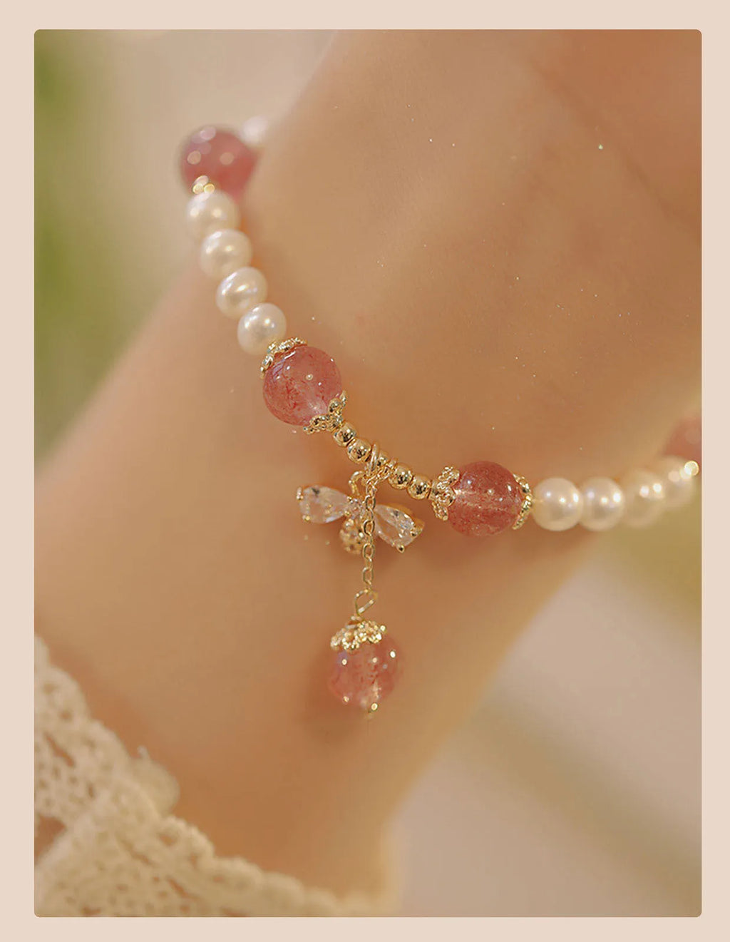 Crystal strawberry quartz stringed pearls bracelet handmade women's INS style with bow detail