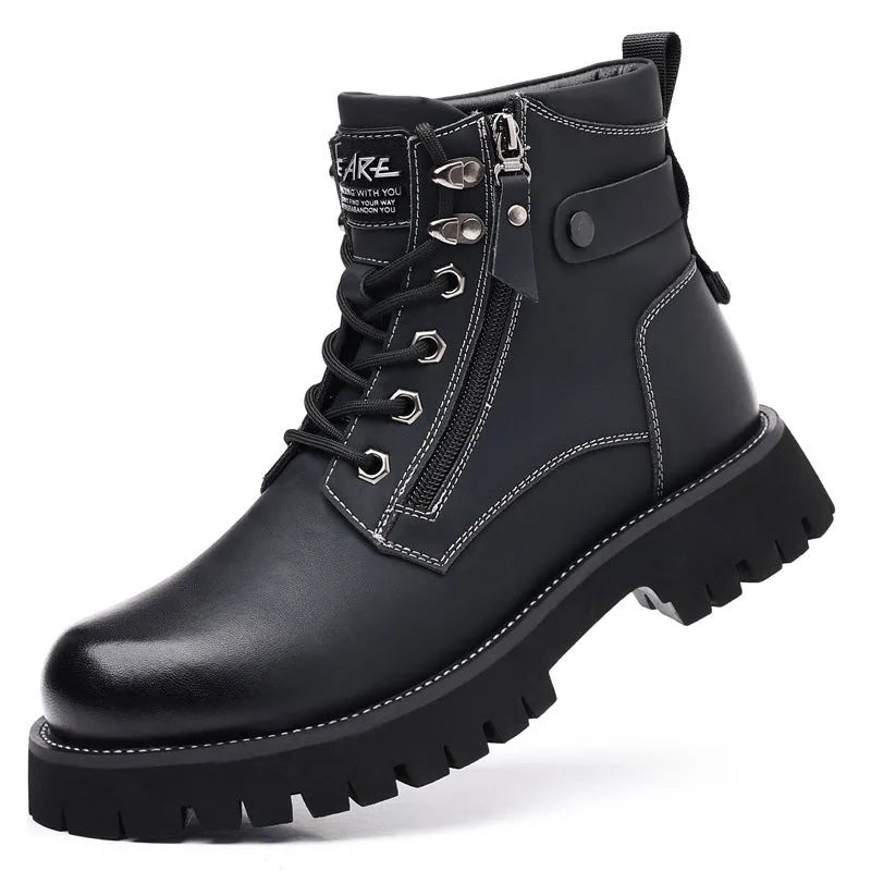 Men's brown high-top leather boots with velvet lining and side zipper, showing round toe and mid-heel design