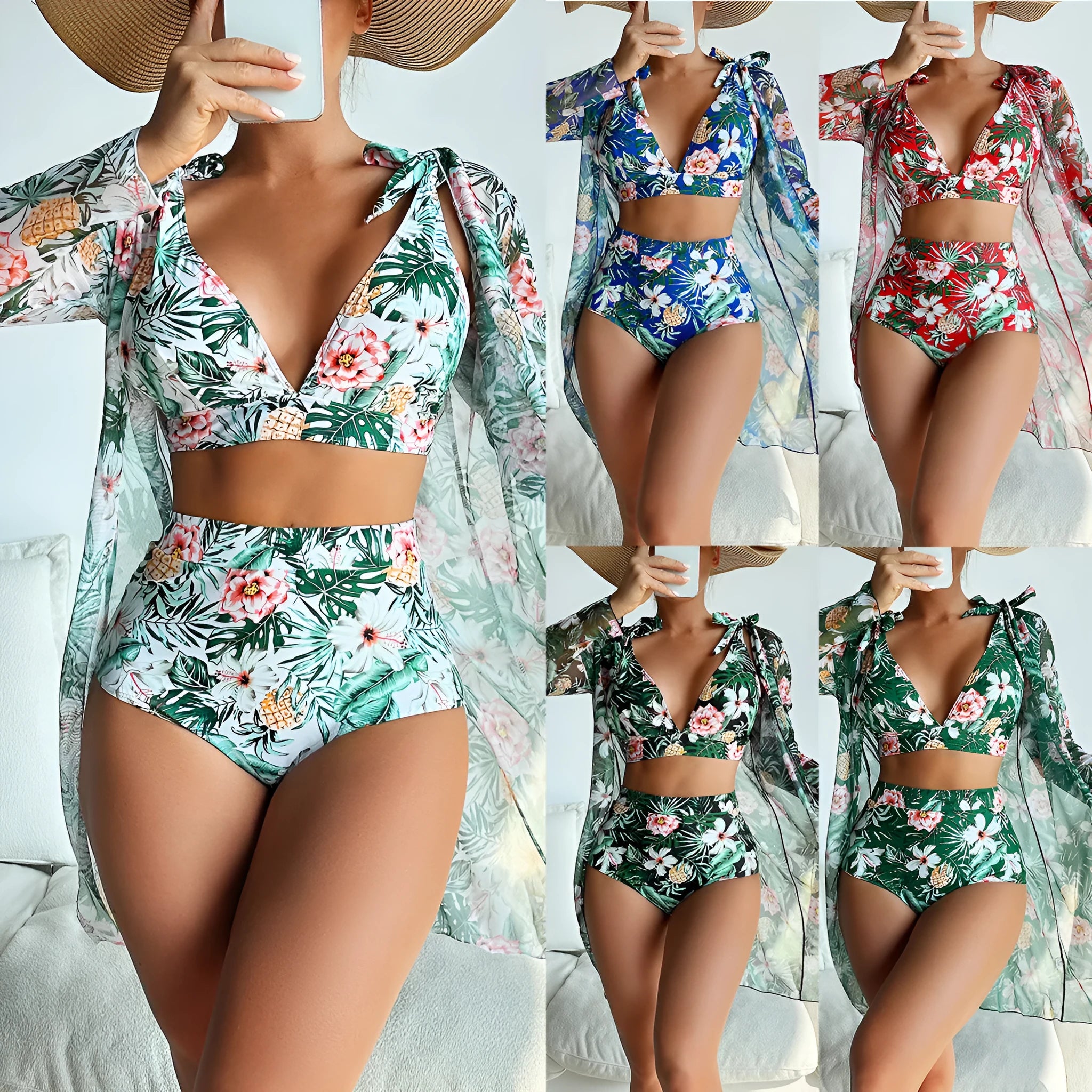 Women's multicolour printed bikini swimsuit three-piece set with matching shirt