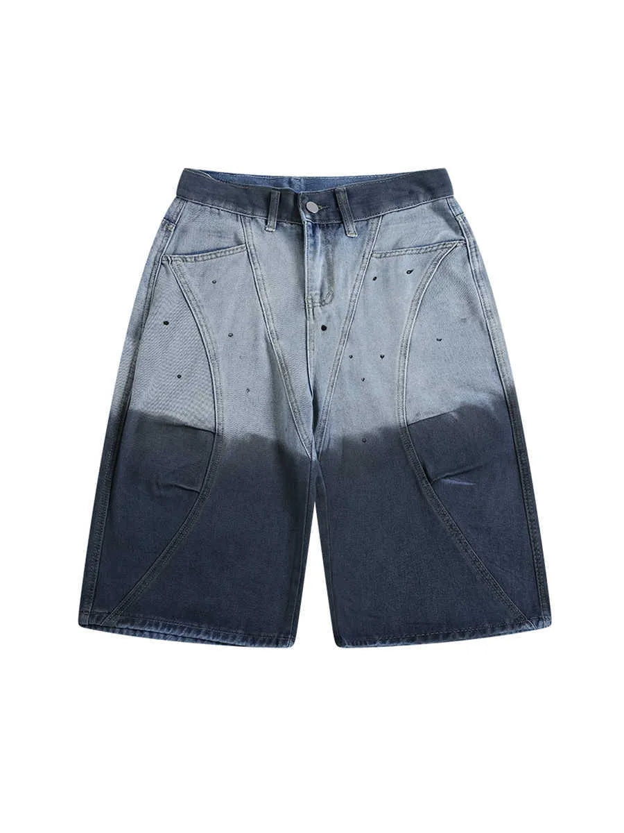 Tie-dye gradient worn looking washed-out cropped jeans in blue, loose fit mid waist style on model