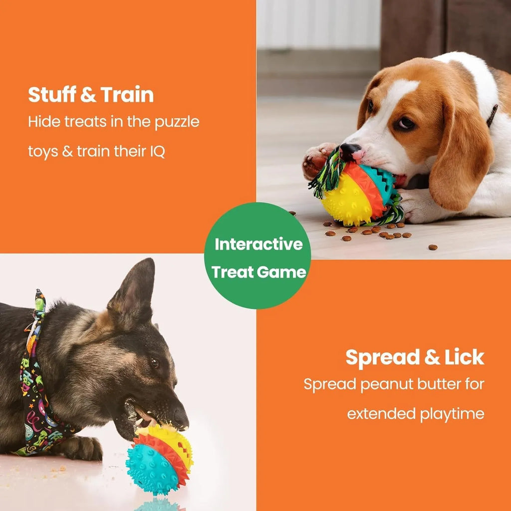 Blue TPR rubber dog chew ball with treat dispenser hole and squeaker, 4.25 inches in diameter.