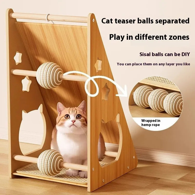 Vertical wall-mounted cat scratch board with hemp rope and teasing ball accessory