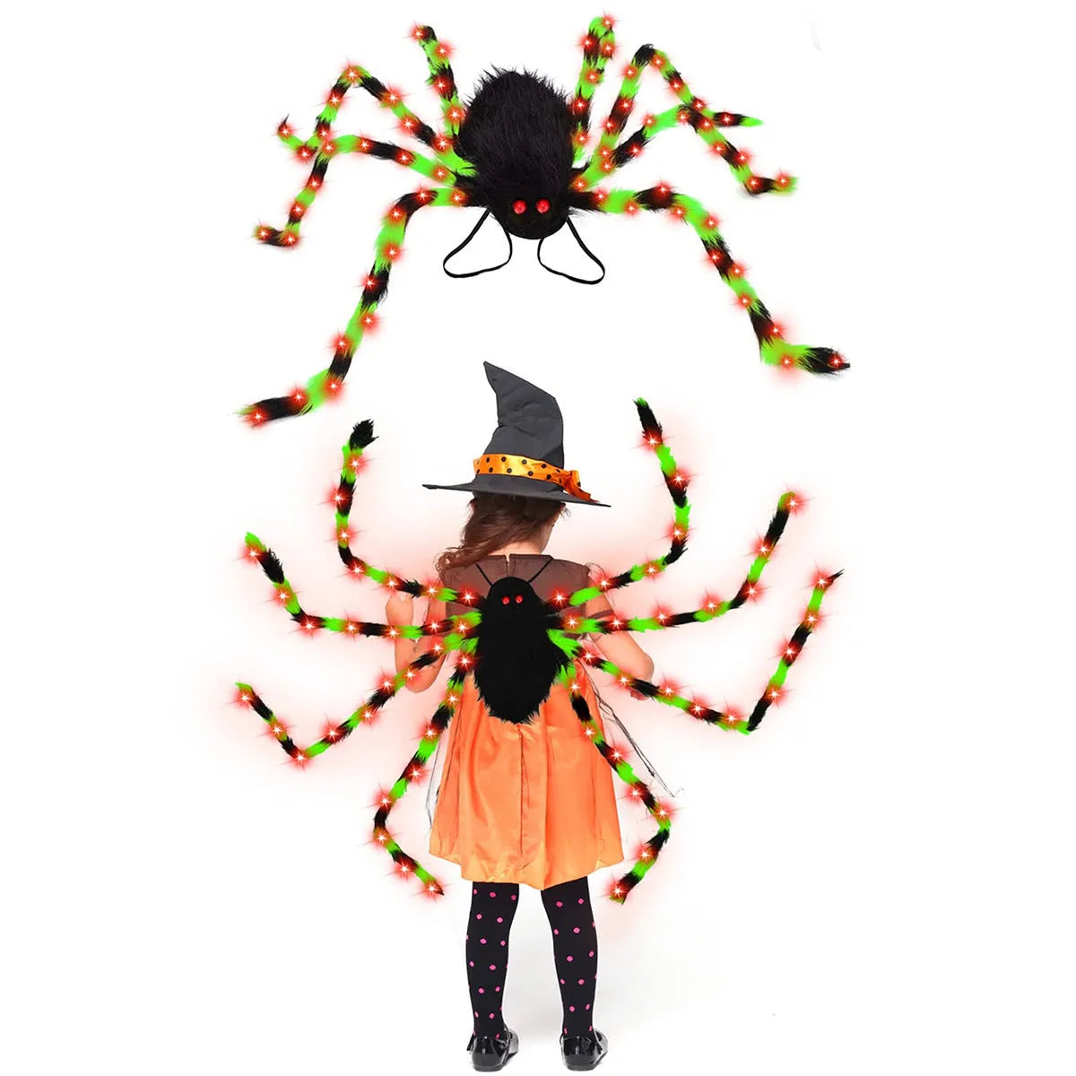 Halloween spider backpack with LED lights in plush sugar bag material showing colour options