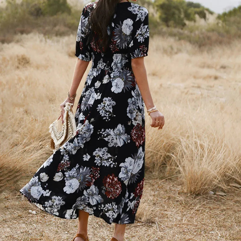 Women's floral print V-neck beach dress with elastic waist and short sleeves