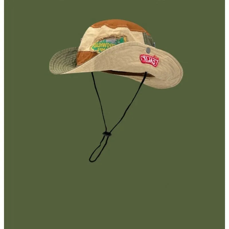Army Green cotton fisherman hat with patchwork design and flat top crown.