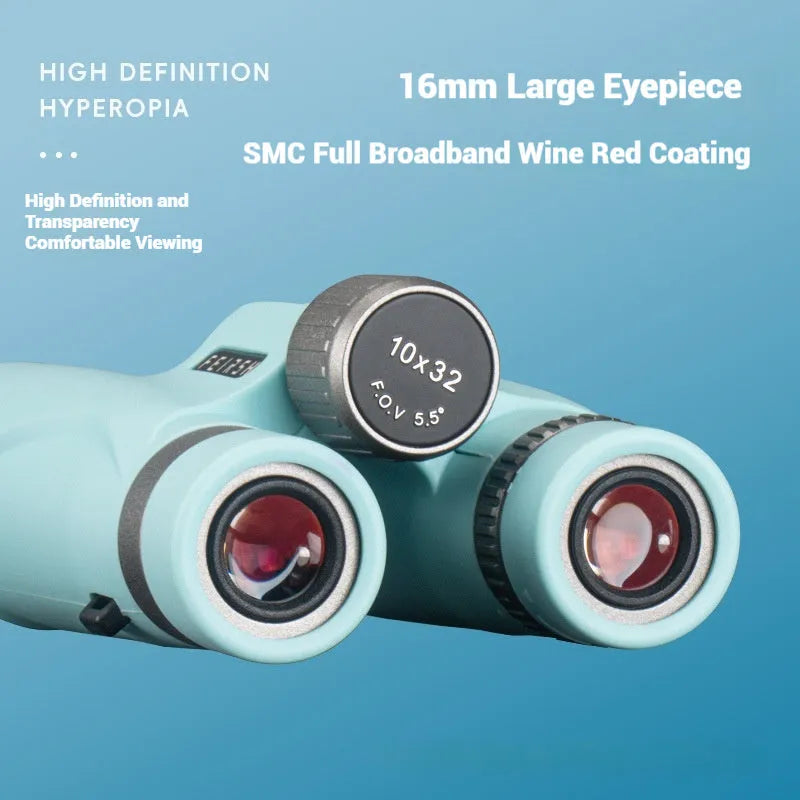 Blue 10x32 binoculars with wine red film imaging showing 16mm eyepiece and 32mm objective lens