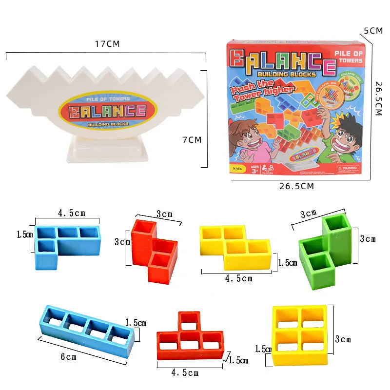 Plastic balance stacking game with 16 coloured blocks, chassis and base on a table
