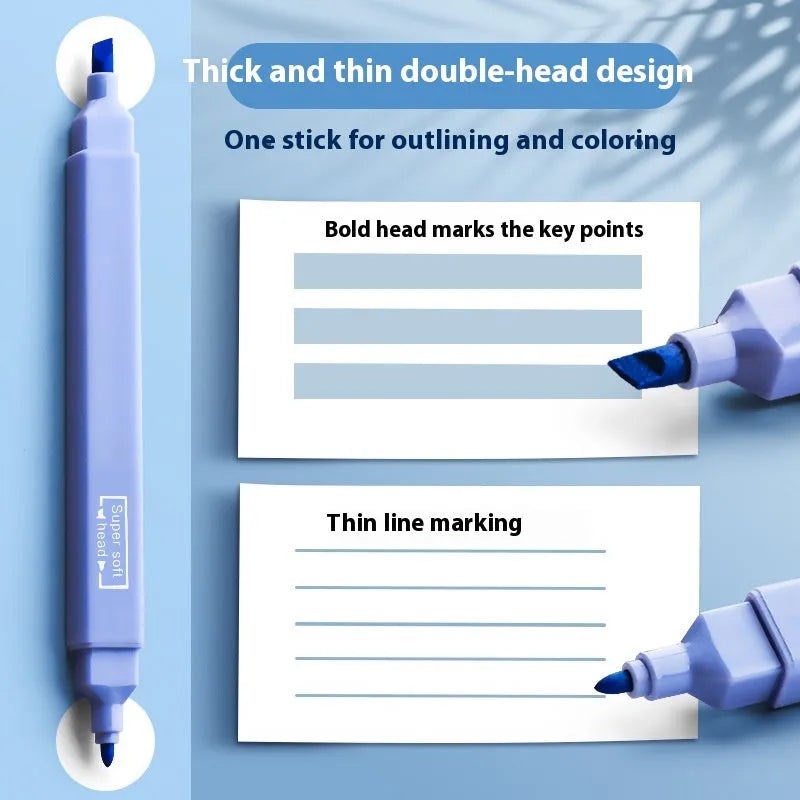 Set of double-headed fluorescent marker pens showing twin tips, available in mixed colours, Salt series, and Sweet series packs.