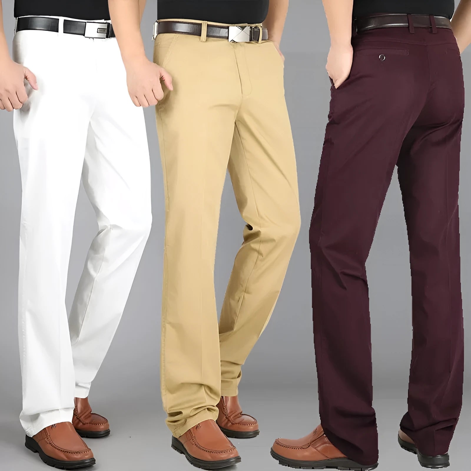 Men's elastic cotton high waisted loose trousers in creamy white, front view, sizes 29 to 44