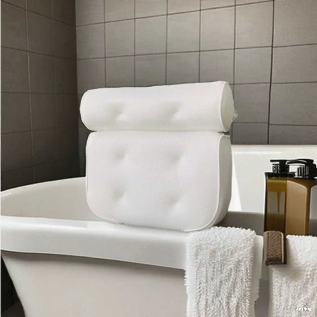 White bathtub pillow with 4D mesh construction and 7 suction cups measuring 37x34cm