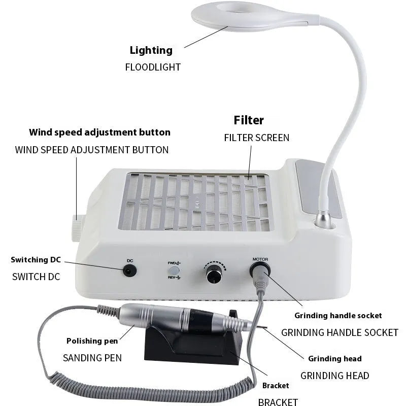 White four-in-one nail grinder machine with integrated vacuum cleaner on a table