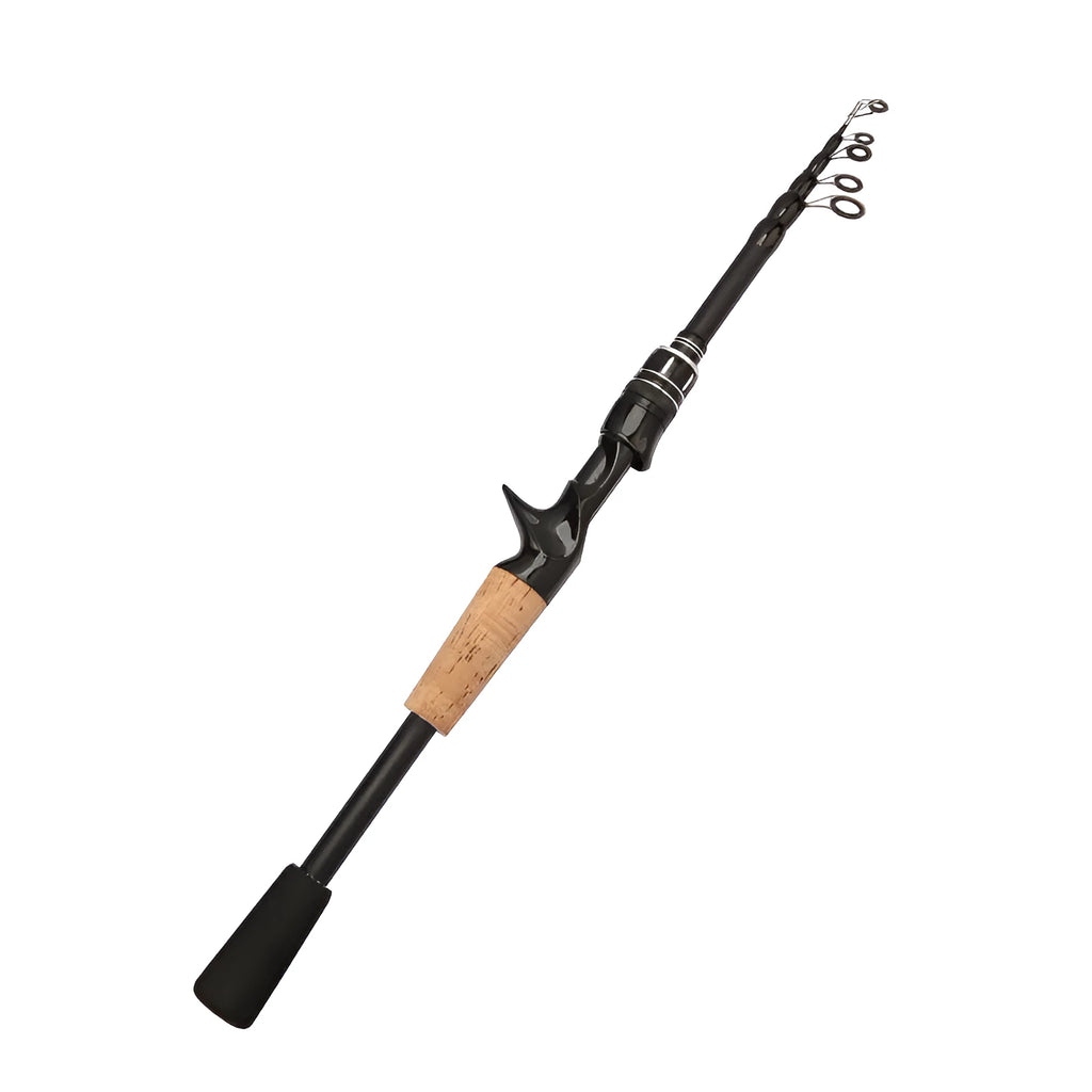 Glass fibre telescopic lure fishing rod with straight handle, collapsed for transport, white EVA grip