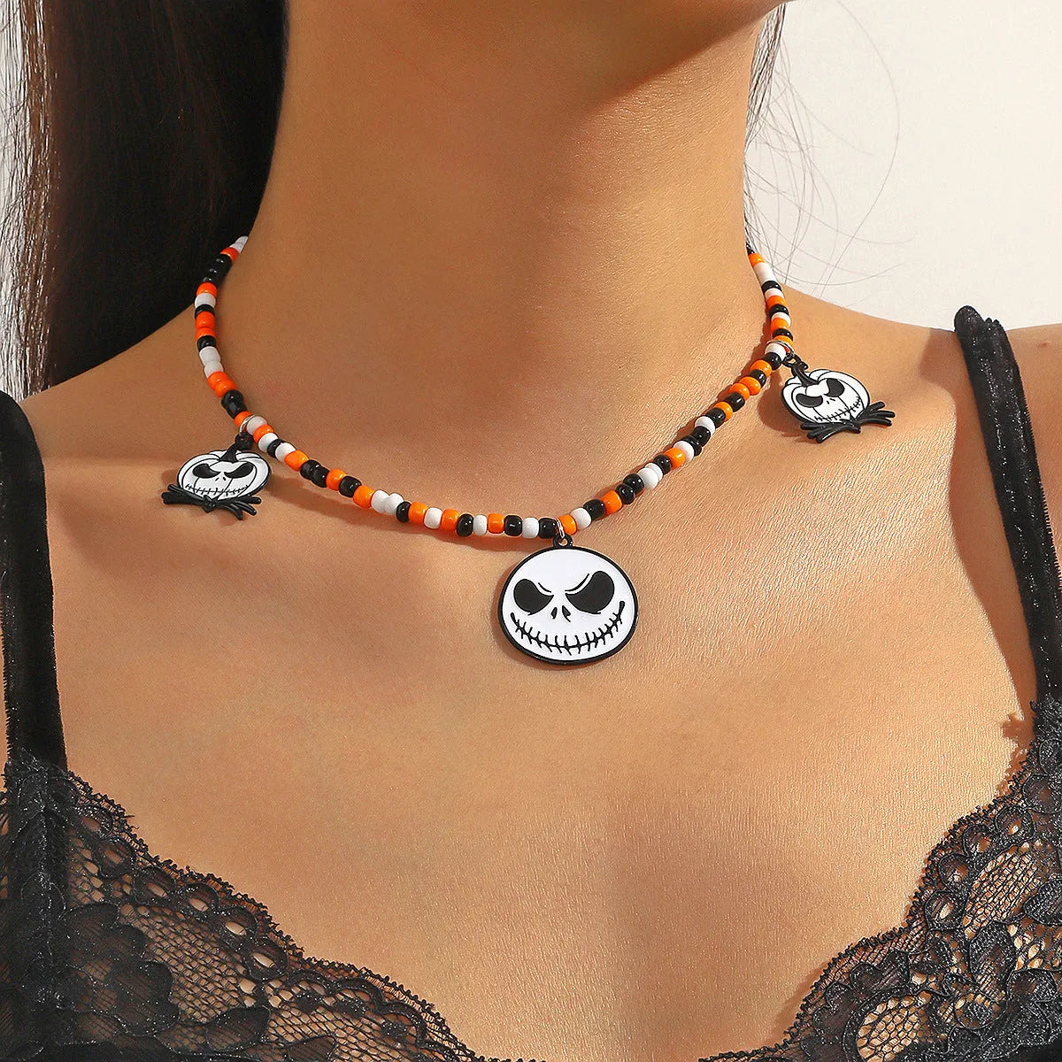 Halloween necklace with bat, ghost, skull, pumpkin, and spider pendants in zinc alloy
