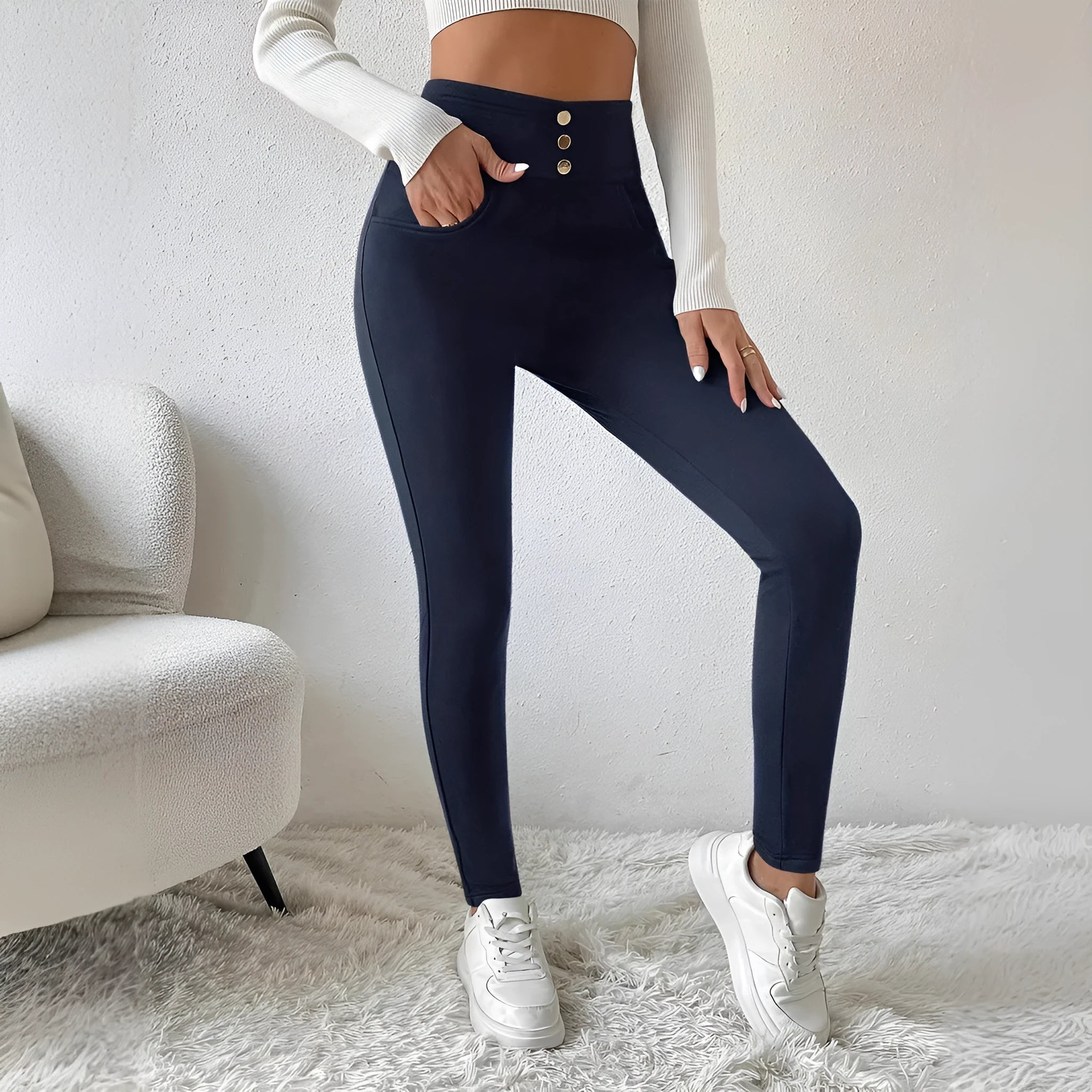 Navy blue women's high waist straight leg trousers with micro elastic polyester fabric