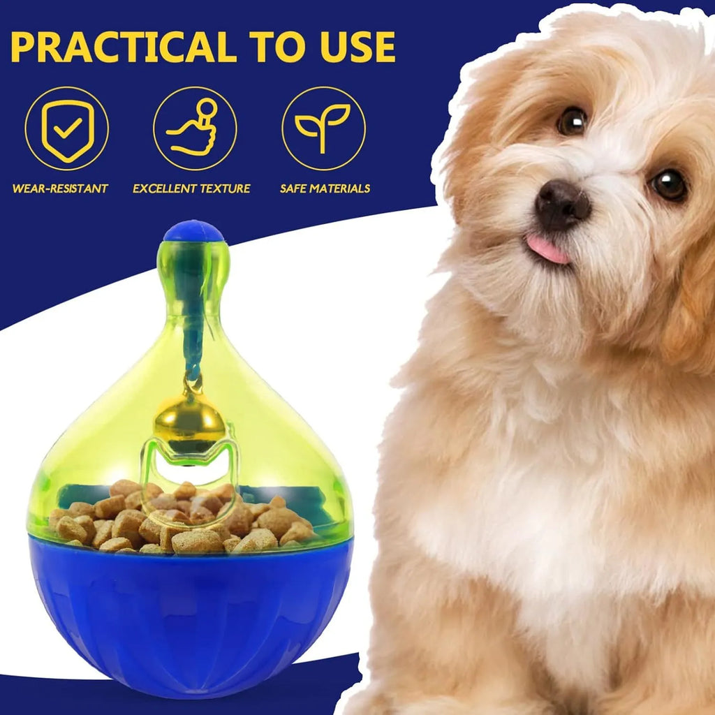Blue pet treat dispenser tumbler toy for dogs and cats with interactive food puzzle design