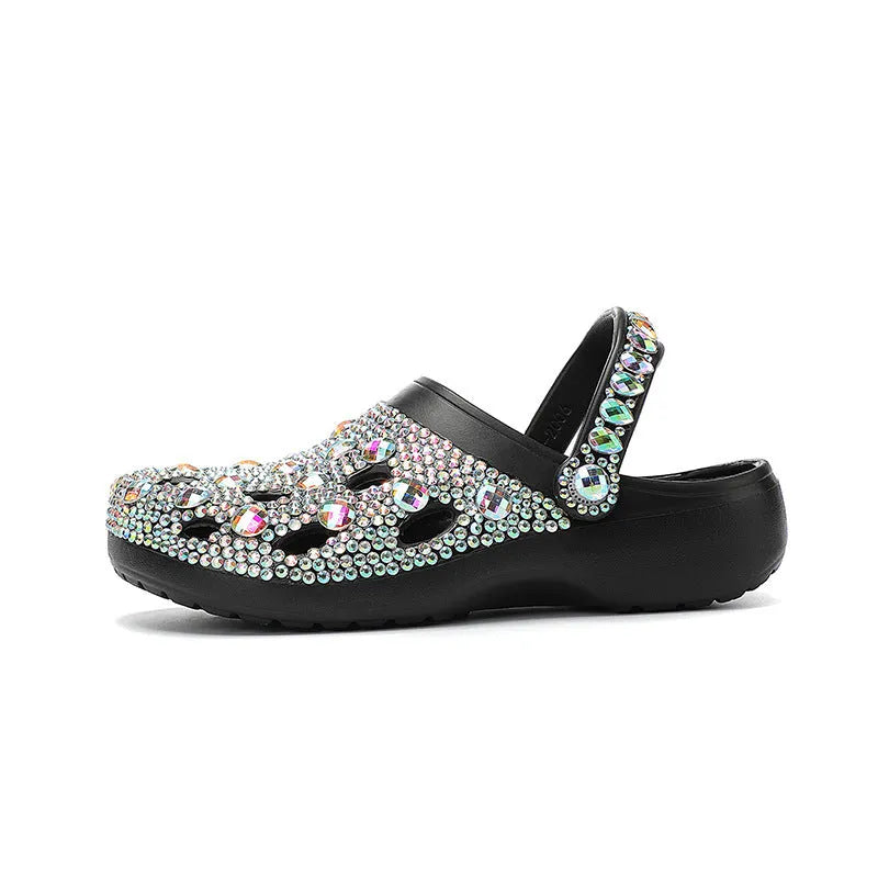 Black women's platform sandals with rhinestone decorations on EVA upper and sole