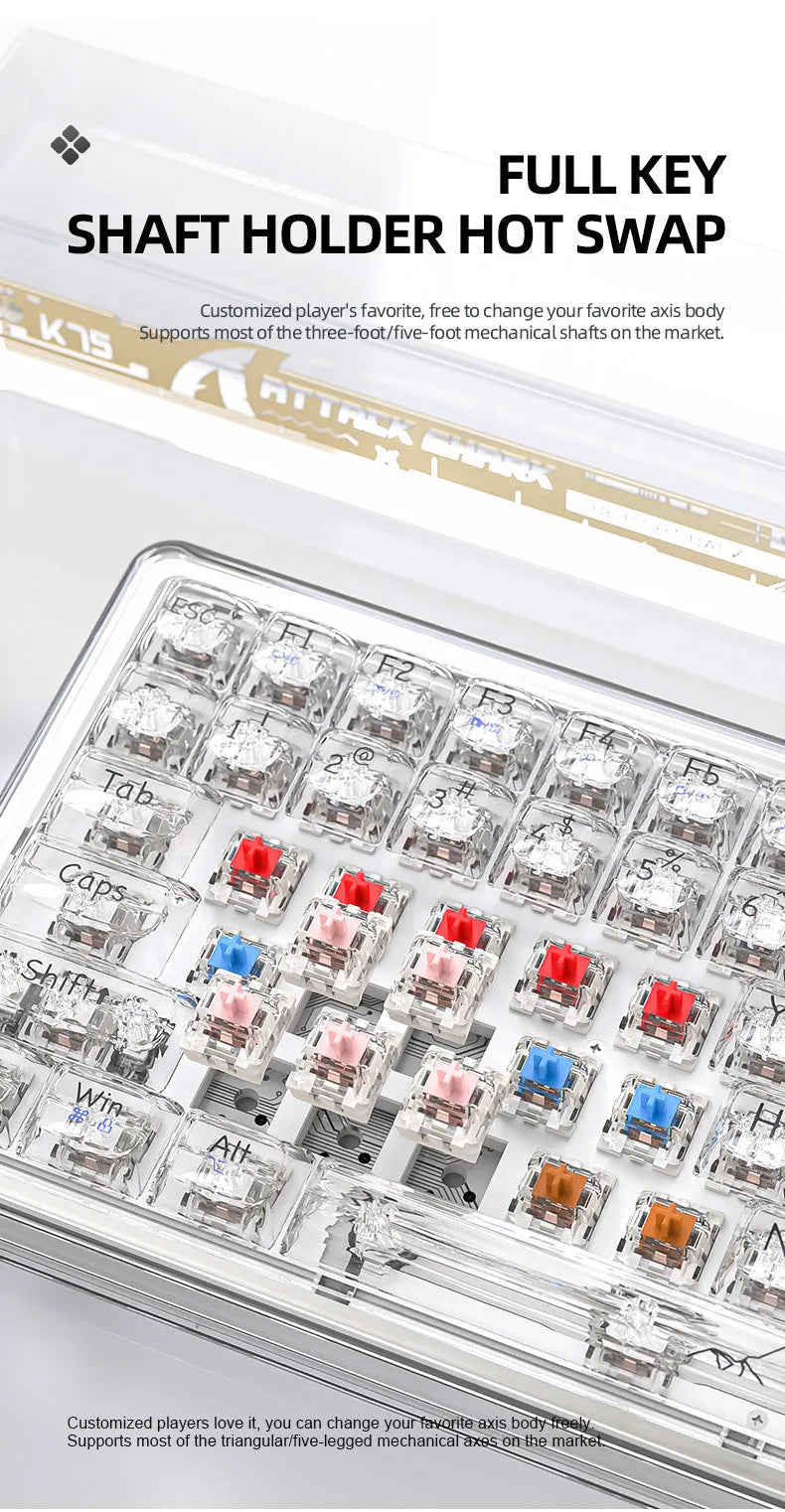 Attack Shark K75 RGB wireless mechanical keyboard with transparent housing showing internal components and RGB lighting