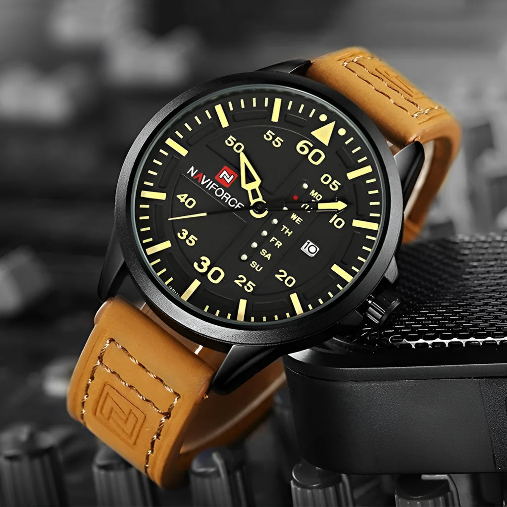 NAVIFORCE men's quartz watch with date display, leather strap, and military-style dial on a wrist