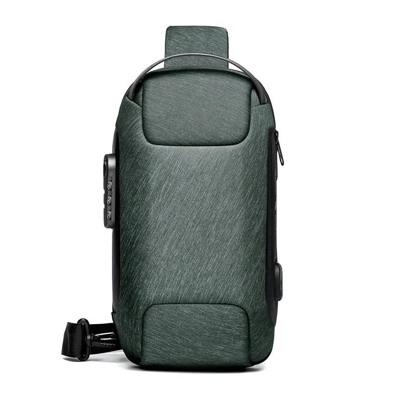 Men's waterproof Oxford crossbody shoulder bag with USB port showing internal compartments and anti-theft features