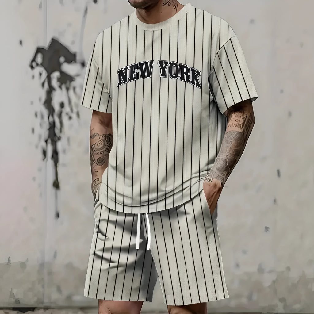 Men's 3D printed letter suit set with short sleeves and shorts in polyester fabric