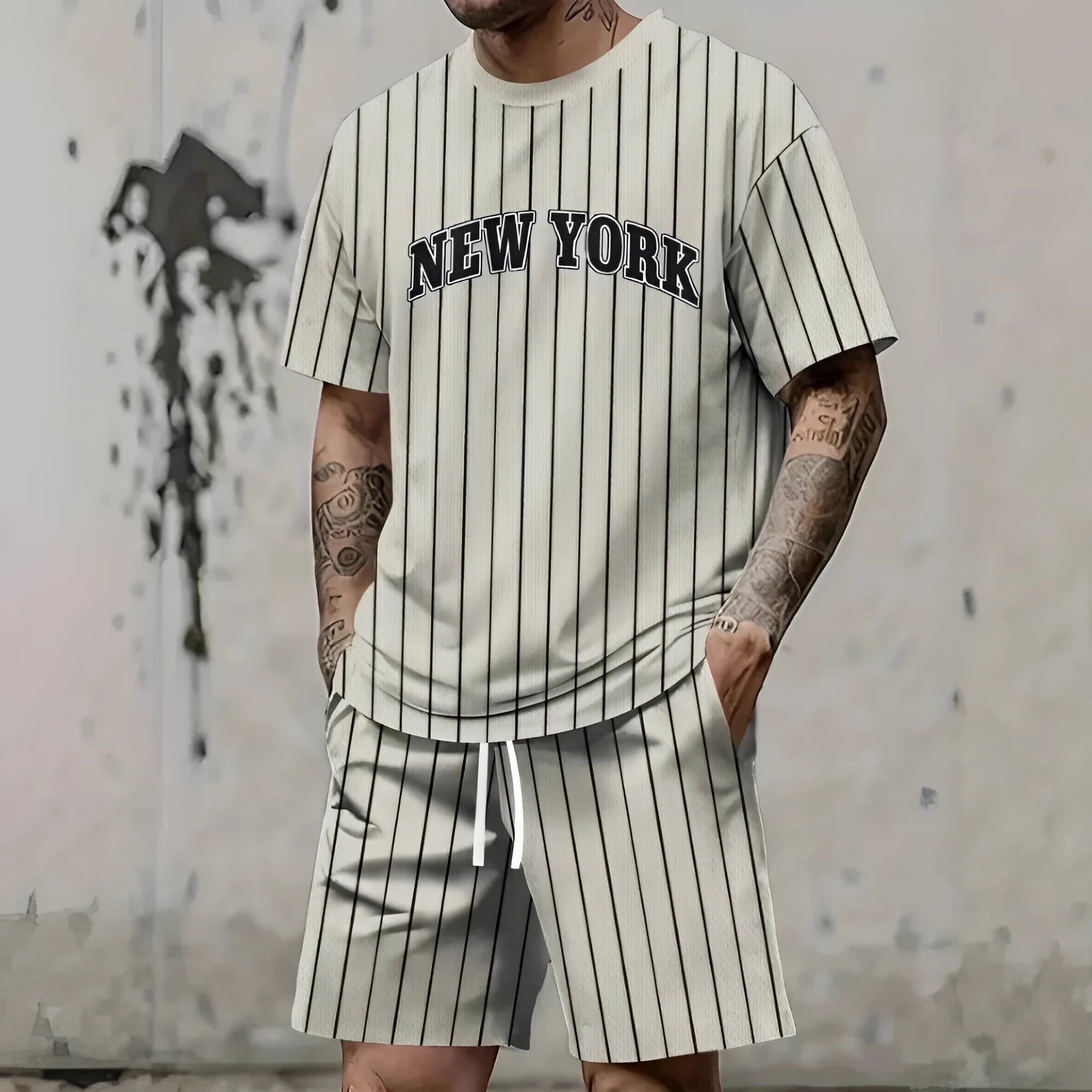 Men's 3D printed letter suit set with short sleeves and shorts in polyester fabric