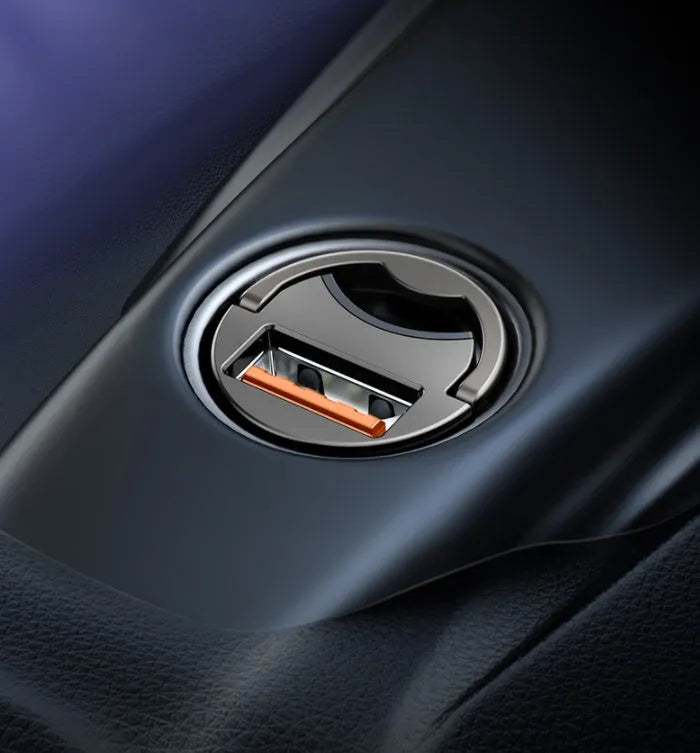 Baseus electro-optical grey 30W car charger with integrated 1m USB cable for mobile phones