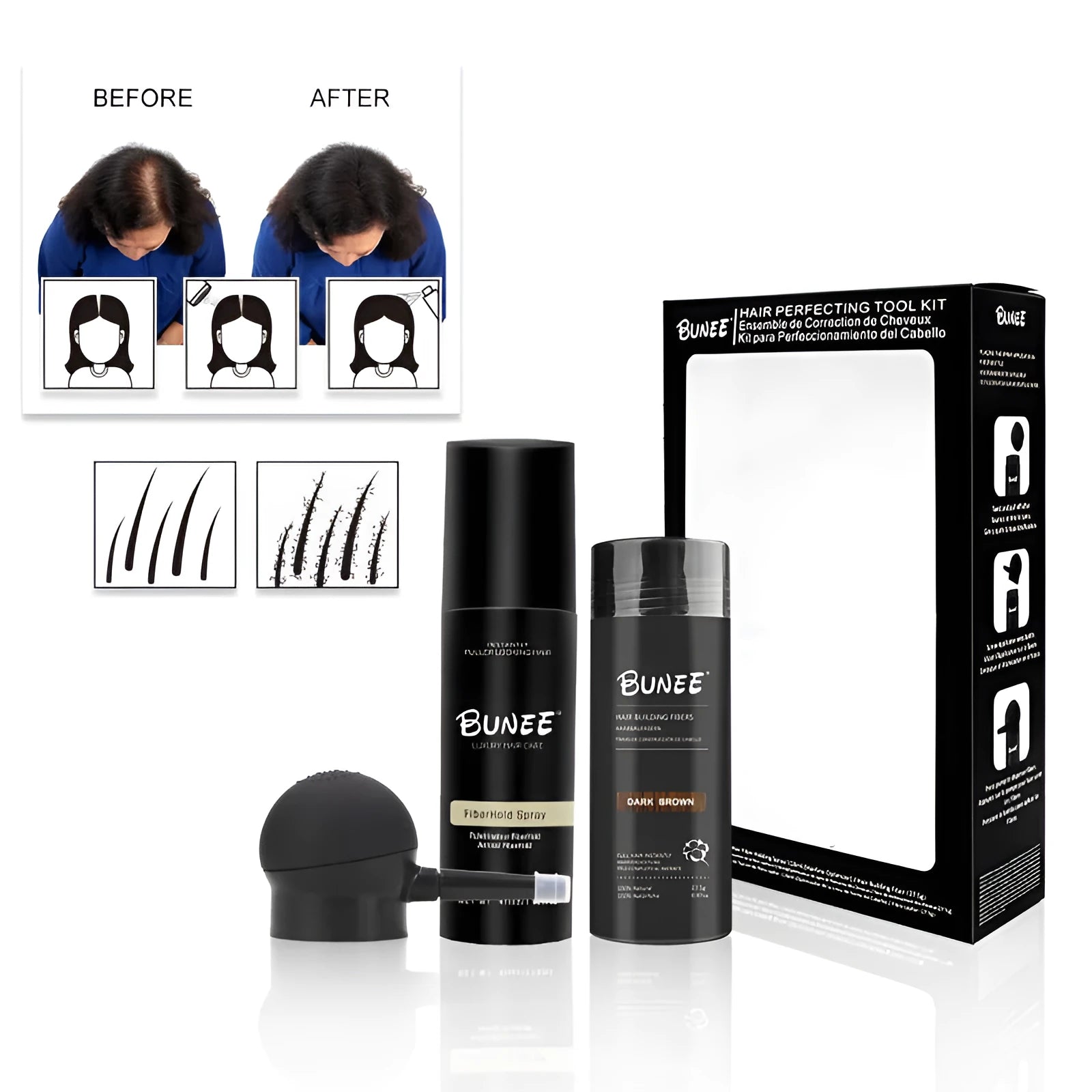 Hair fibre powder kit containing a 275g can, styling spray bottle, and applicator nozzle on a white background.