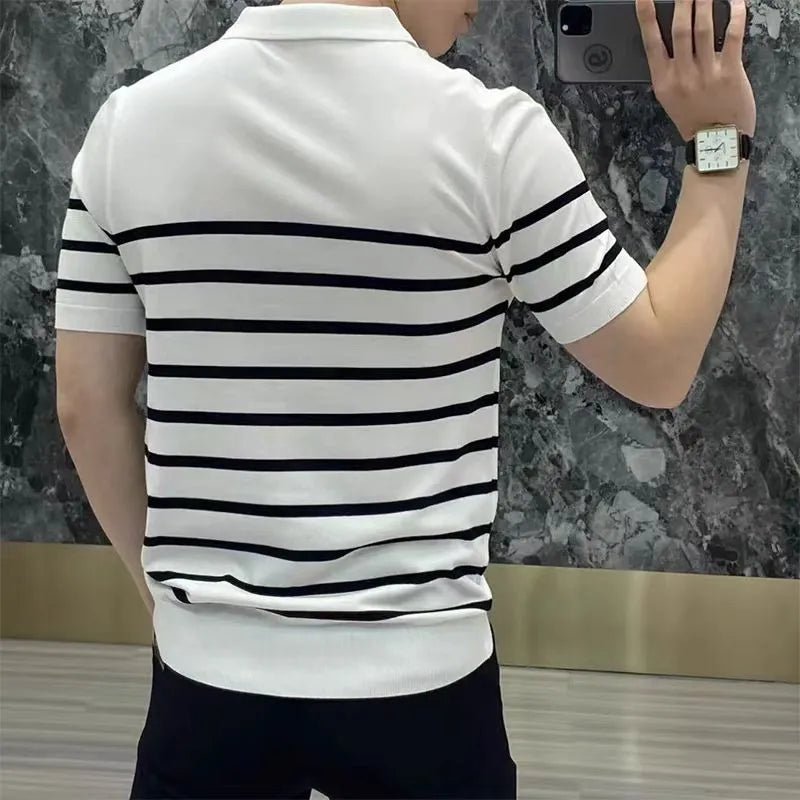 Striped lapel knitted t-shirt in black and white colour options showing pullover design