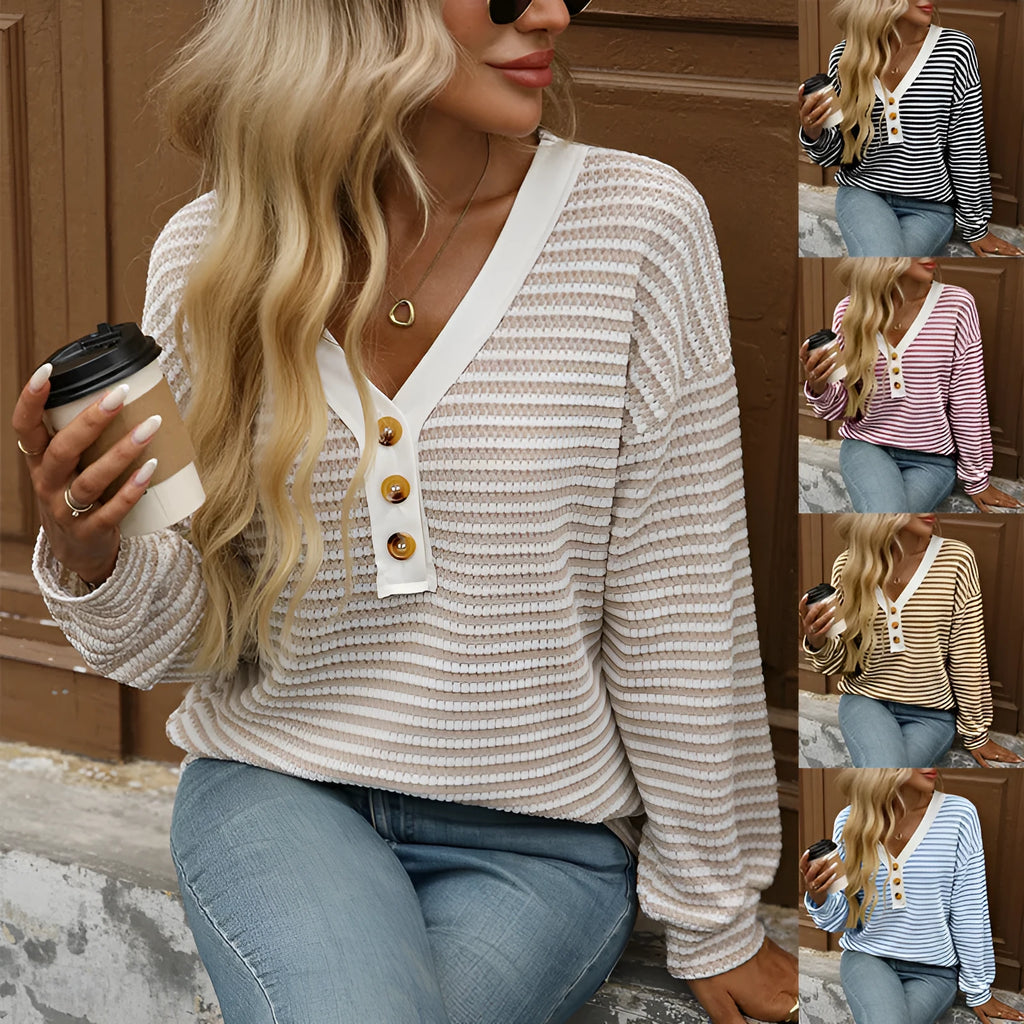 Women's loose-fitting V-neck patchwork pullover top in polyester fabric with long sleeves