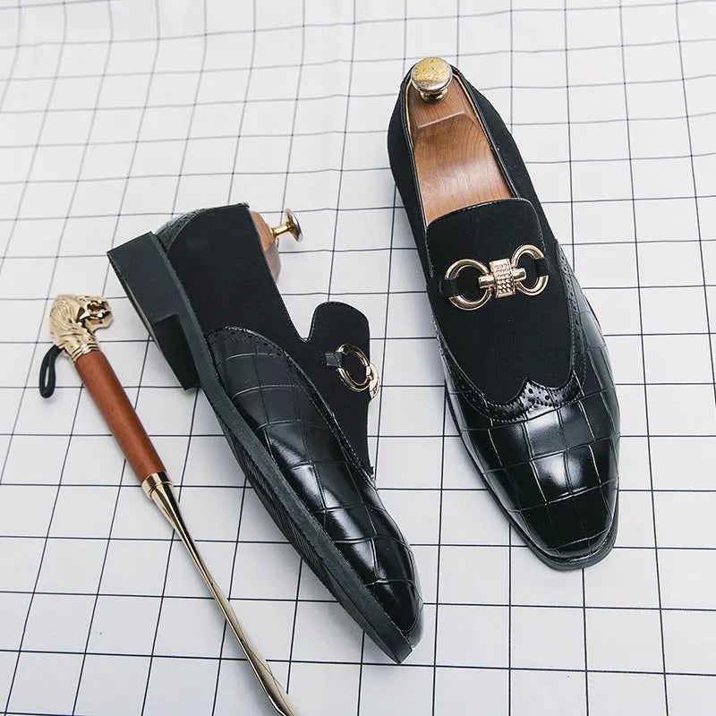 Men's black pointed-toe low-top business casual shoes with artificial PU upper and rubber sole.
