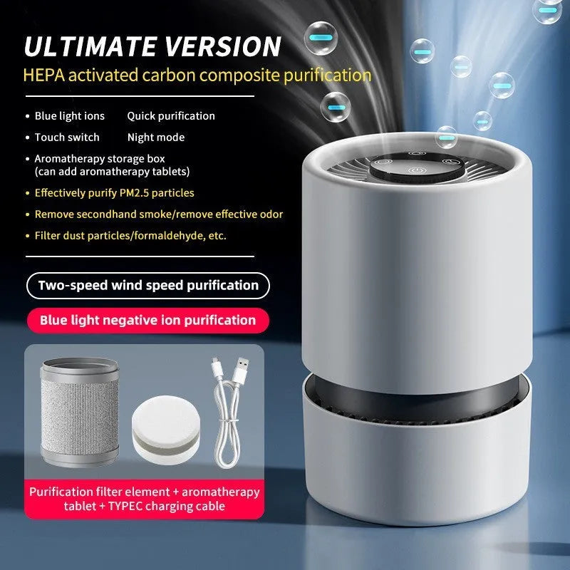 White desktop air purifier with USB cable for small room air quality improvement.