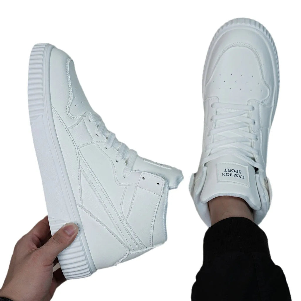Men's white lace-up casual trainers with a microfiber upper and round toe on a plain background.