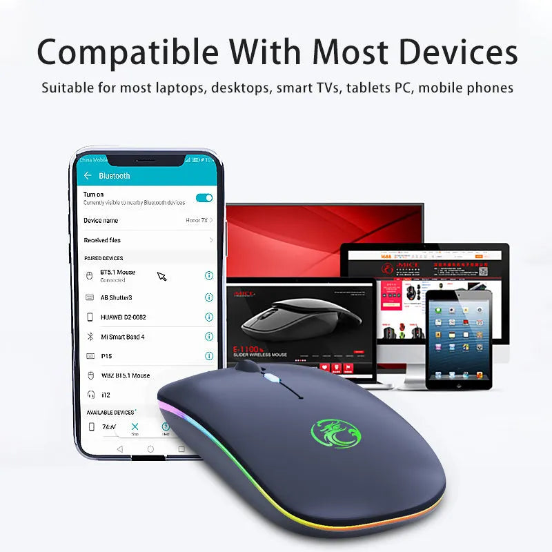 Black wireless mouse with silent buttons, Bluetooth logo, and charging port showing blue illumination