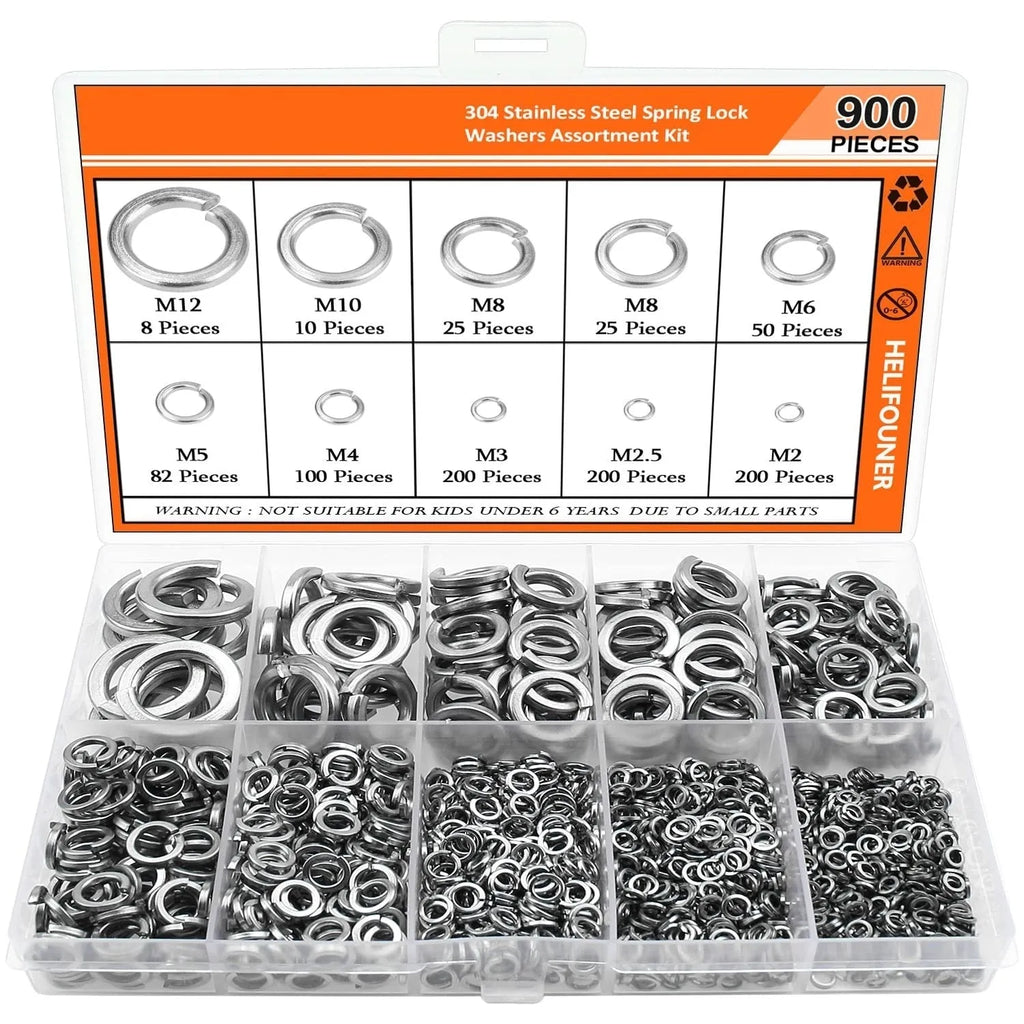 304 stainless steel spring lock washer combination box with 900 pieces in assorted sizes from M2 to M12